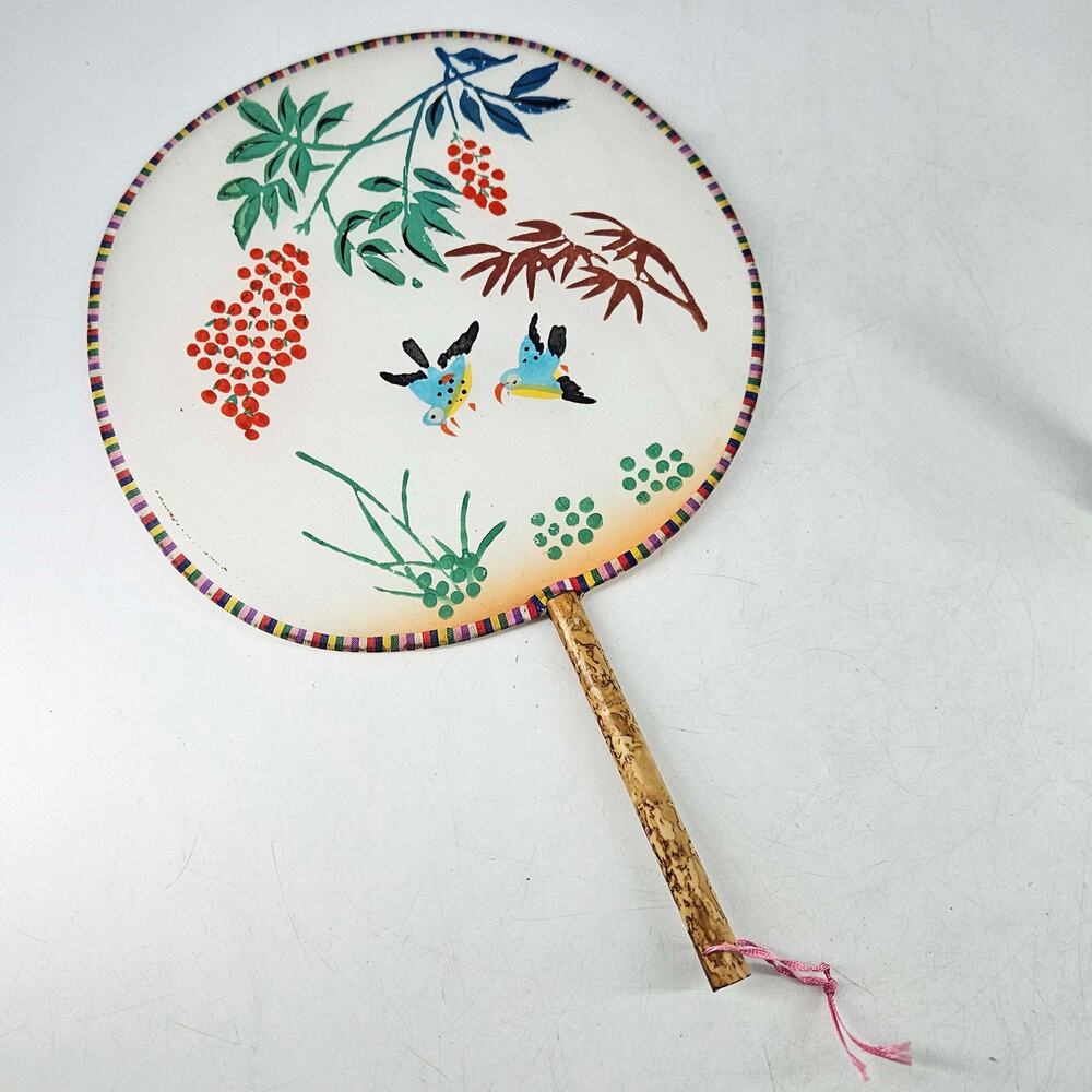 Vintage Japanese hand painted uchiwa bamboo handle fan birds flowers